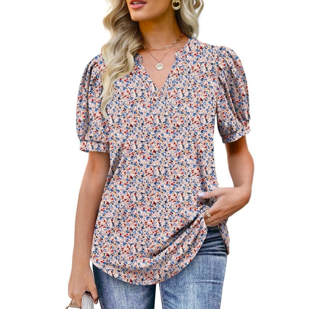 Ofeefan Pleated Puff Sleeve Tee Split V-Neck Blouse Pink Floral